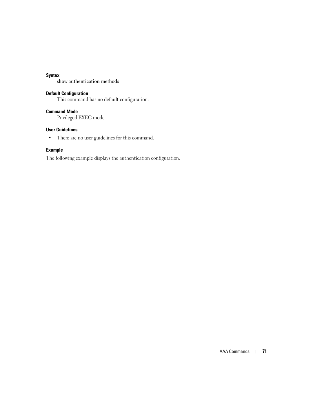 Dell 5324 manual Syntax Show authentication methods Default Configuration, This command has no default configuration 