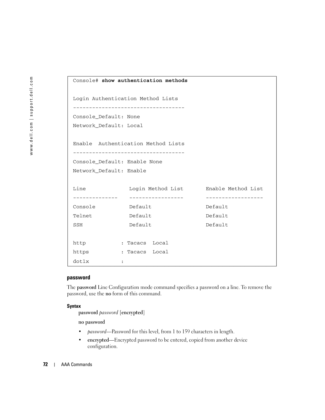 Dell 5324 manual Console# show authentication methods, Syntax Password password encrypted No password 