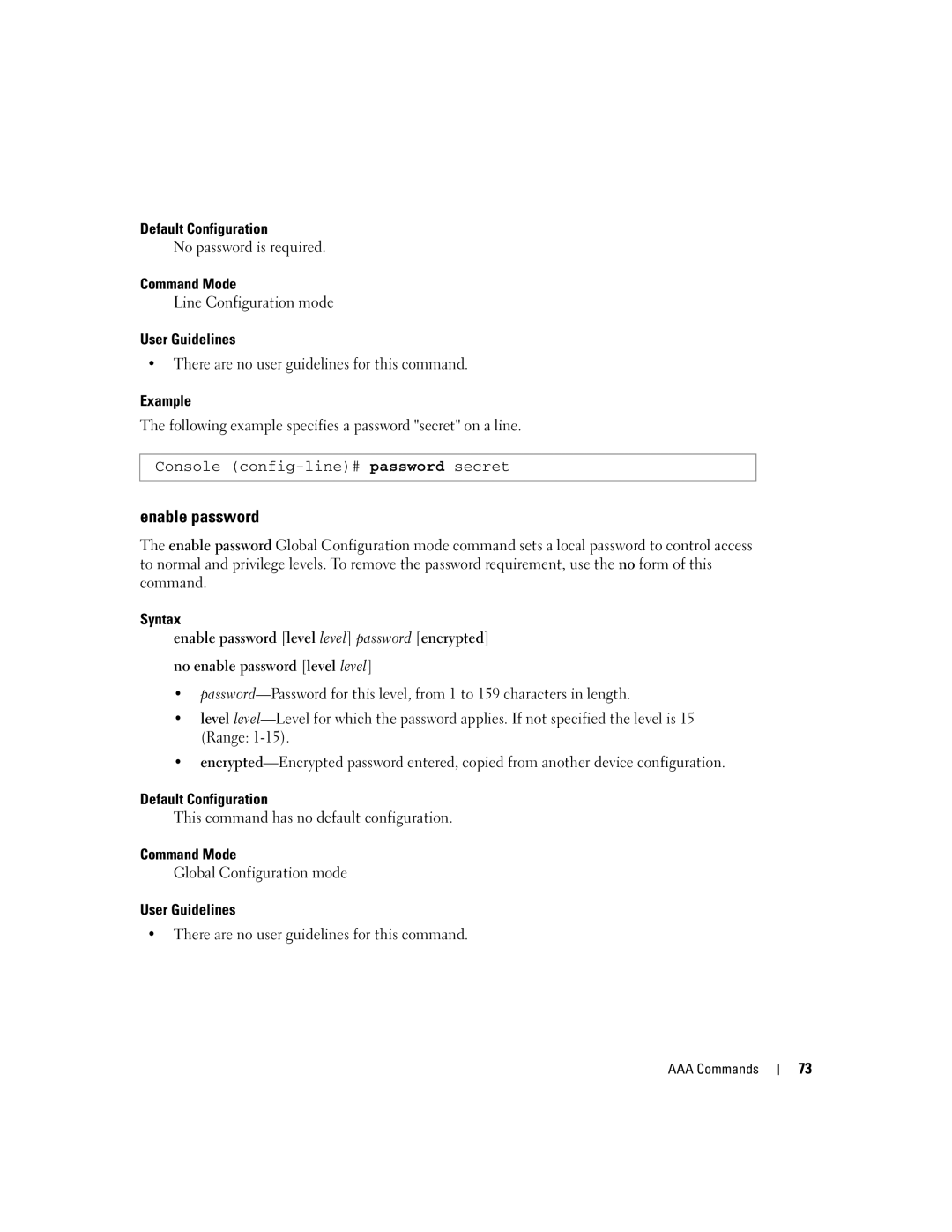 Dell 5324 manual Enable password, No password is required, Following example specifies a password secret on a line 