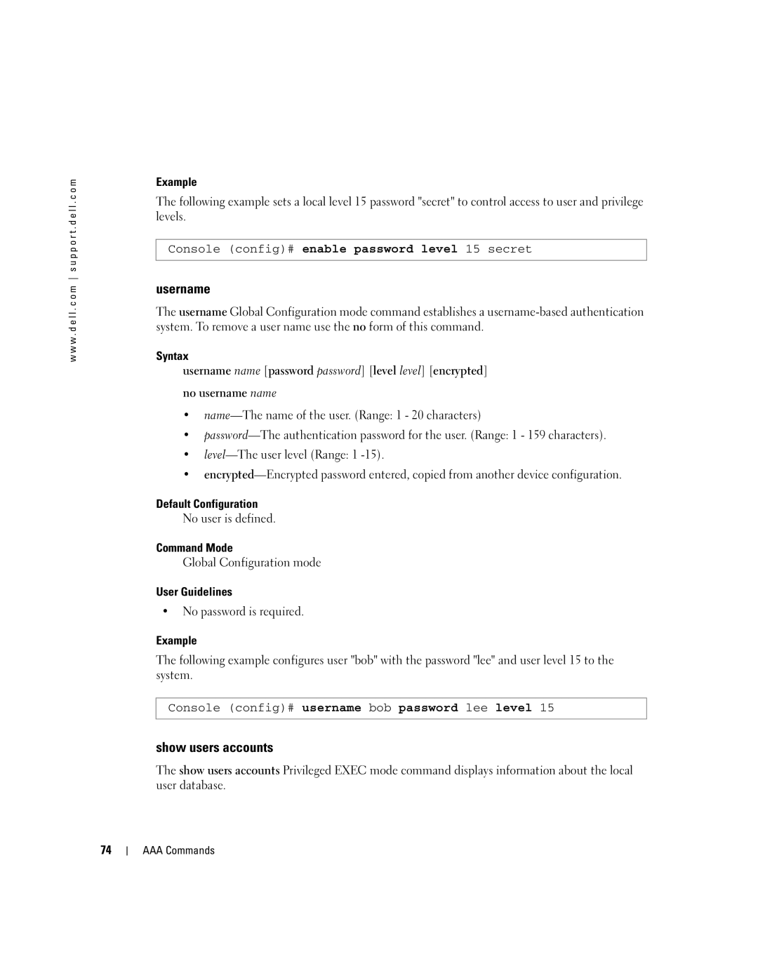 Dell 5324 manual Username, Show users accounts, No user is defined 