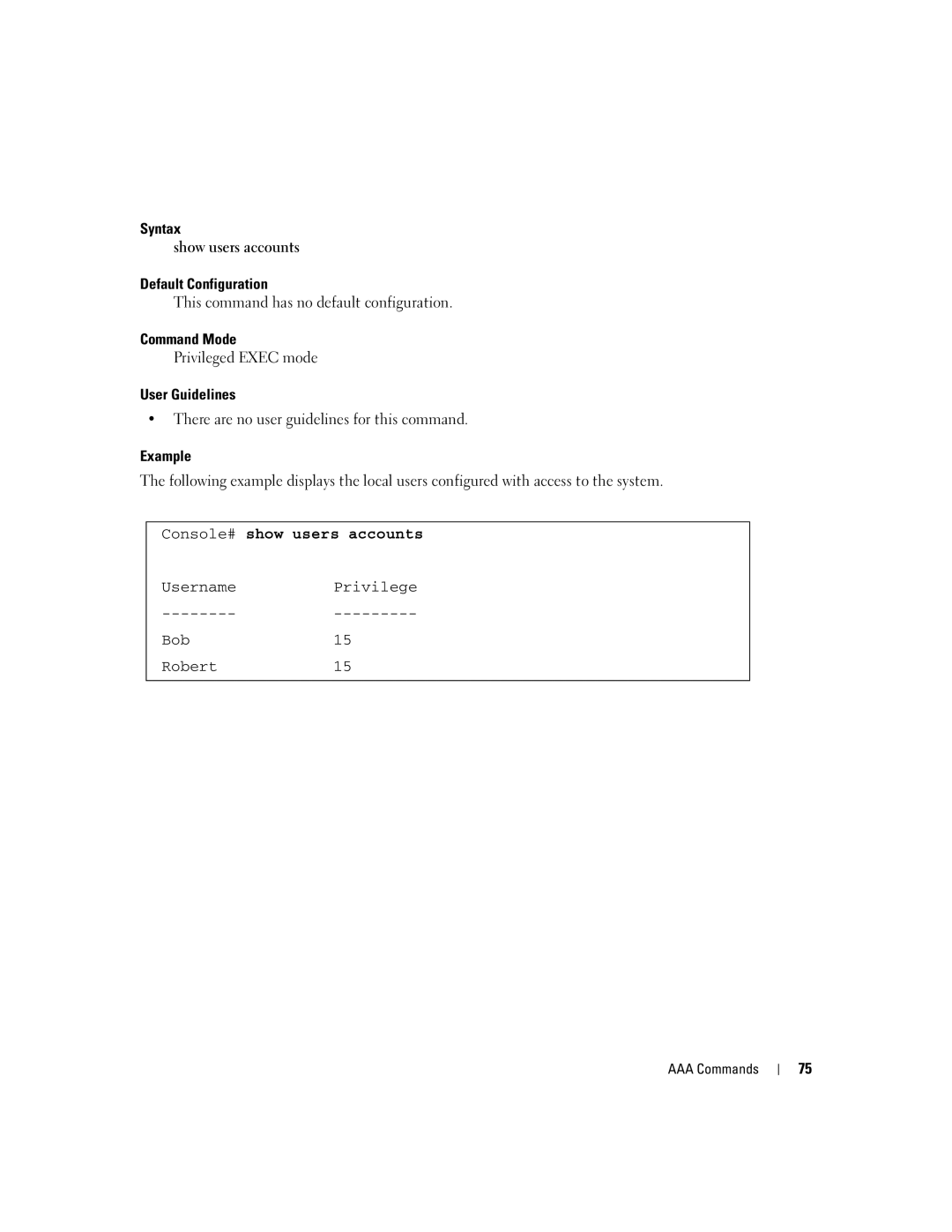 Dell 5324 manual Syntax Show users accounts Default Configuration, Console# show users accounts 