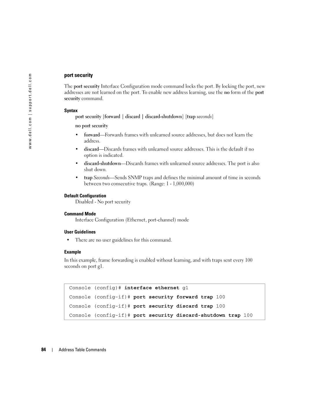 Dell 5324 manual Port security, Disabled No port security, Interface Configuration Ethernet, port-channel mode 