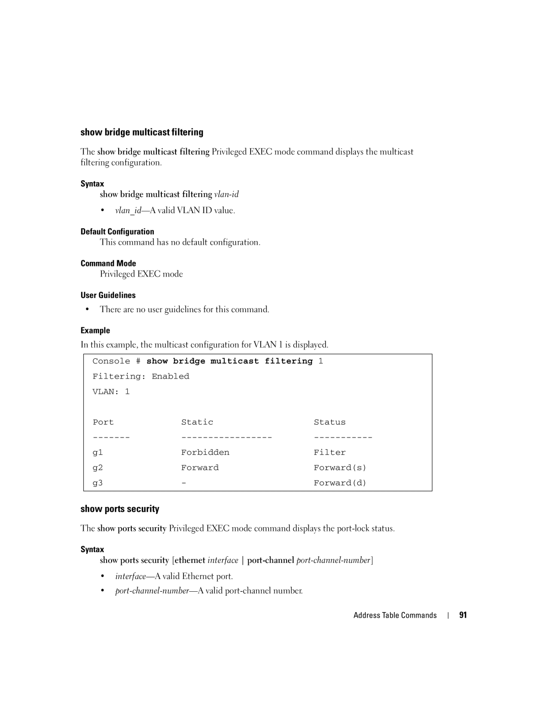 Dell 5324 manual Show ports security, Syntax Show bridge multicast filtering vlan-id, Vlanid-A valid Vlan ID value 