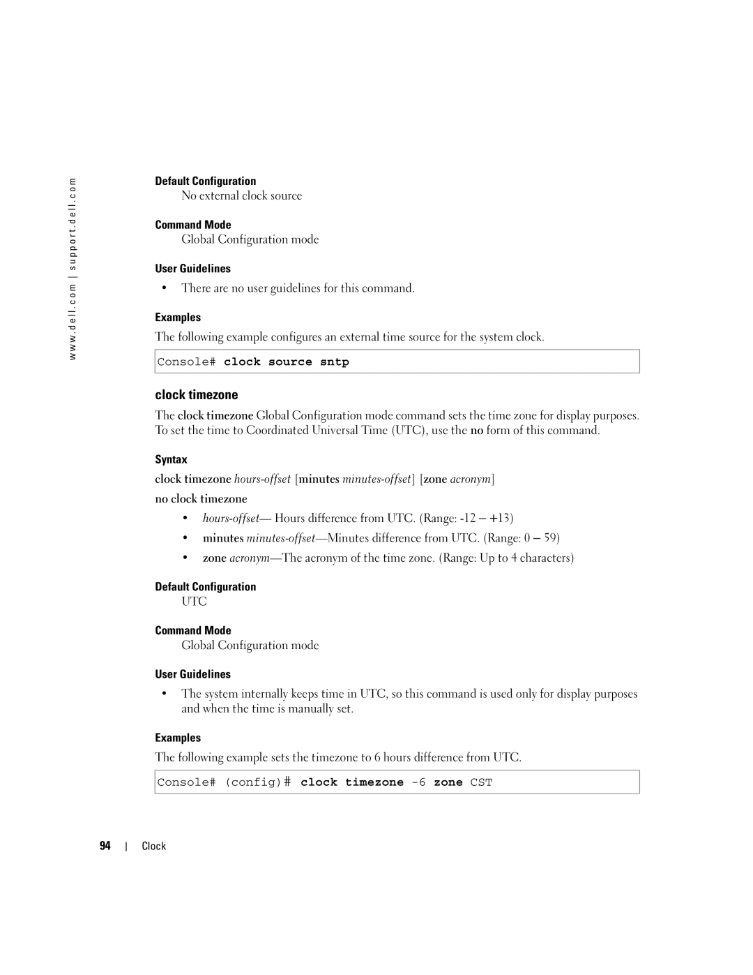 Dell 5324 manual Clock timezone, No external clock source, Console# clock source sntp 