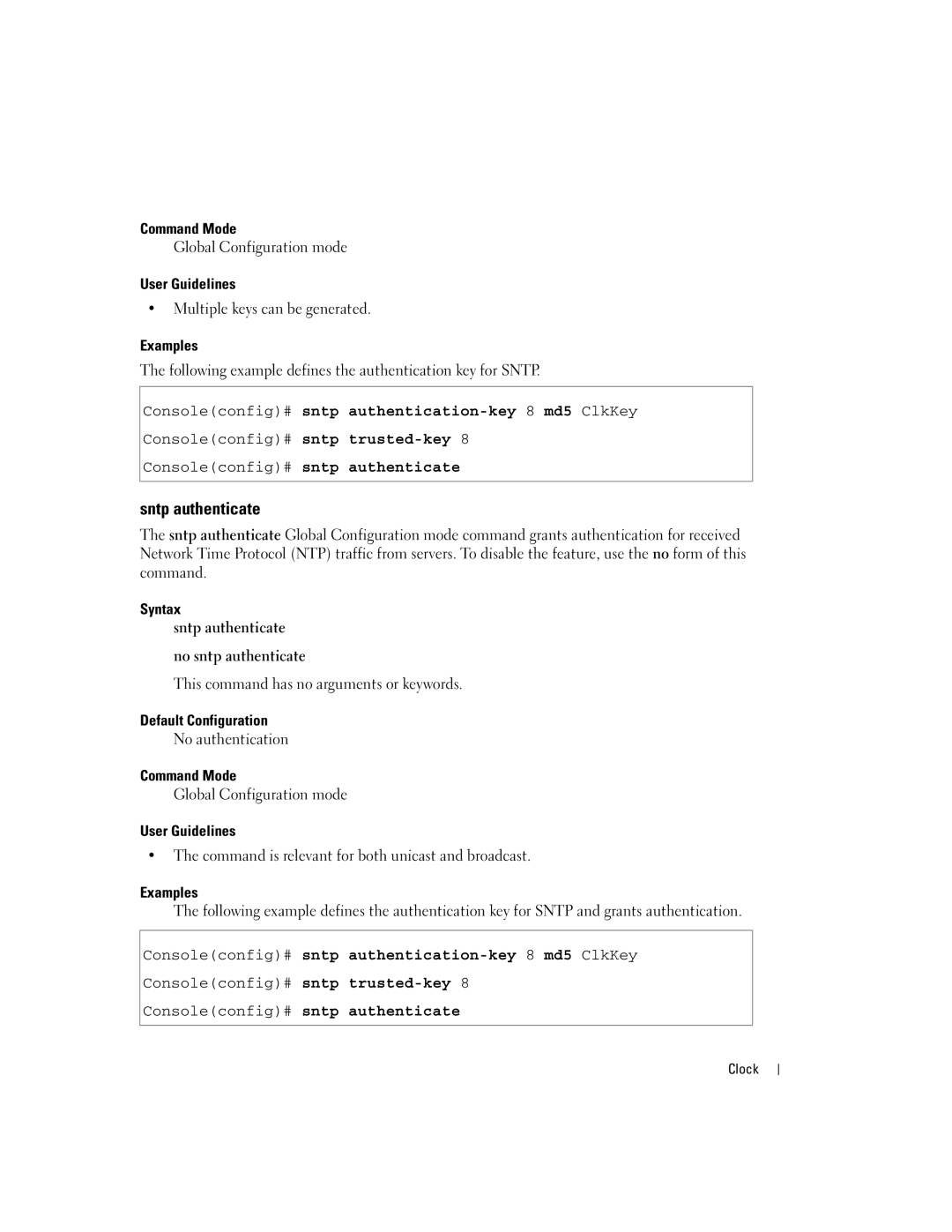 Dell 5324 manual Sntp authenticate, Consoleconfig# sntp authentication-key 8 md5 ClkKey 