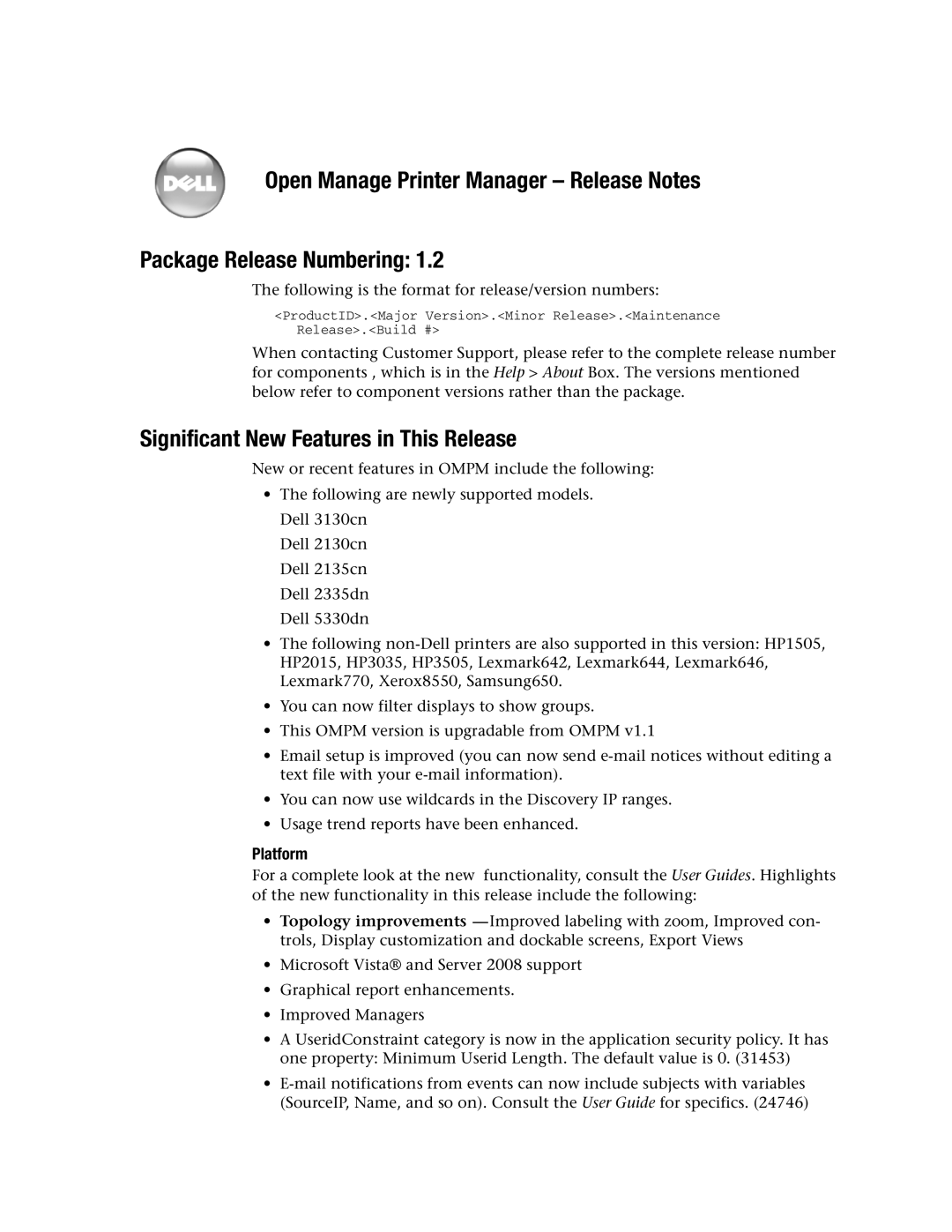 Dell 2135CN, 5330dn, 2335DN manual Significant New Features in This Release, Platform 