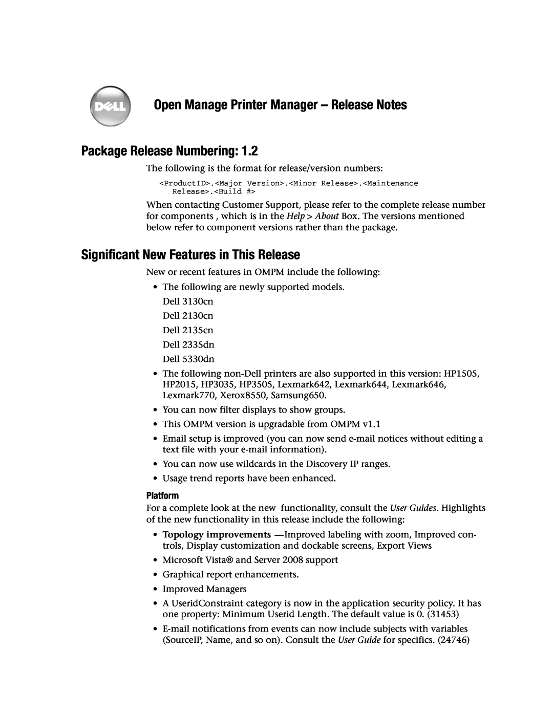 Dell 2135CN, 5330dn, 2335DN manual Open Manage Printer Manager - Release Notes Package Release Numbering, Platform 