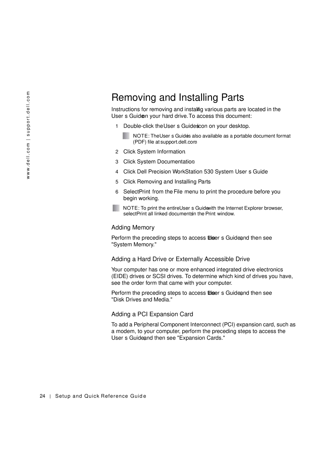 Dell 533CX manual Adding Memory, Adding a Hard Drive or Externally Accessible Drive, Adding a PCI Expansion Card 