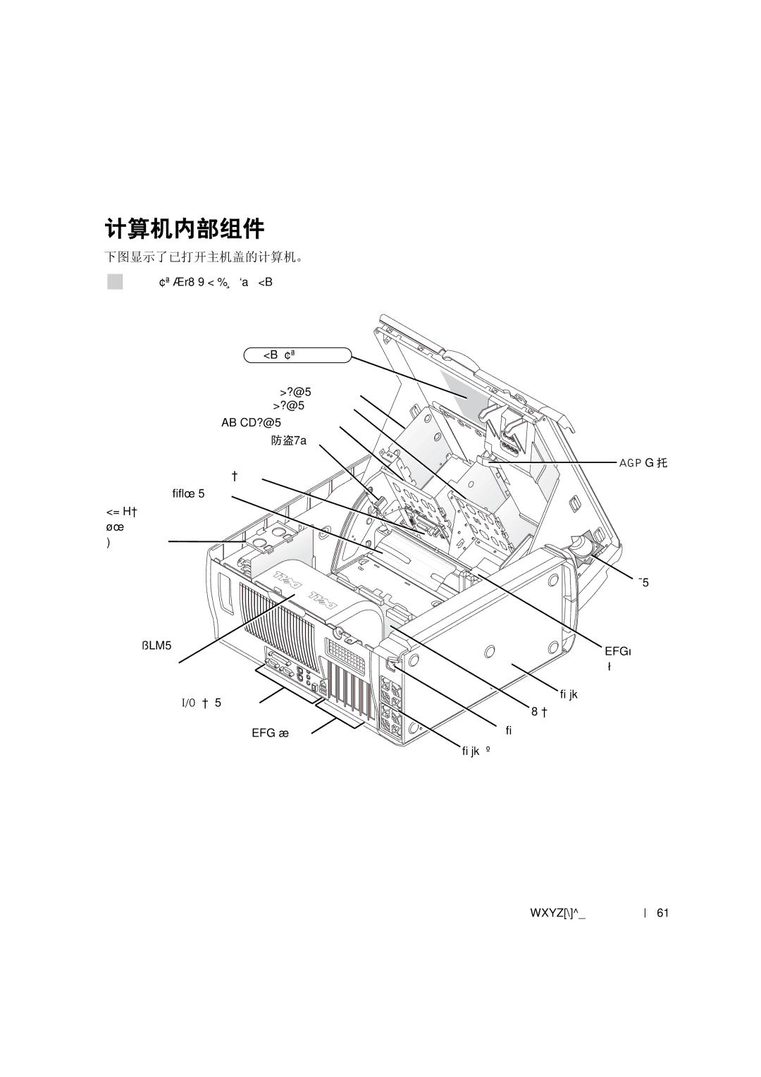 Dell 533CX manual 计算机内部组件, 下图显示了已打开主机盖的计算机。 