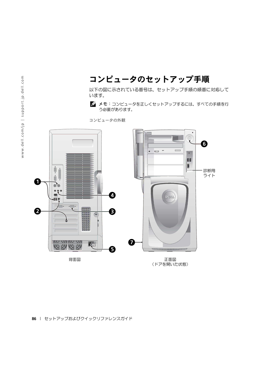 Dell 533CX manual コンピュータのセットアップ手順, 以下の図に示されている番号は、セットアップ手順の順番に対応して います。, コンピュータの外観 