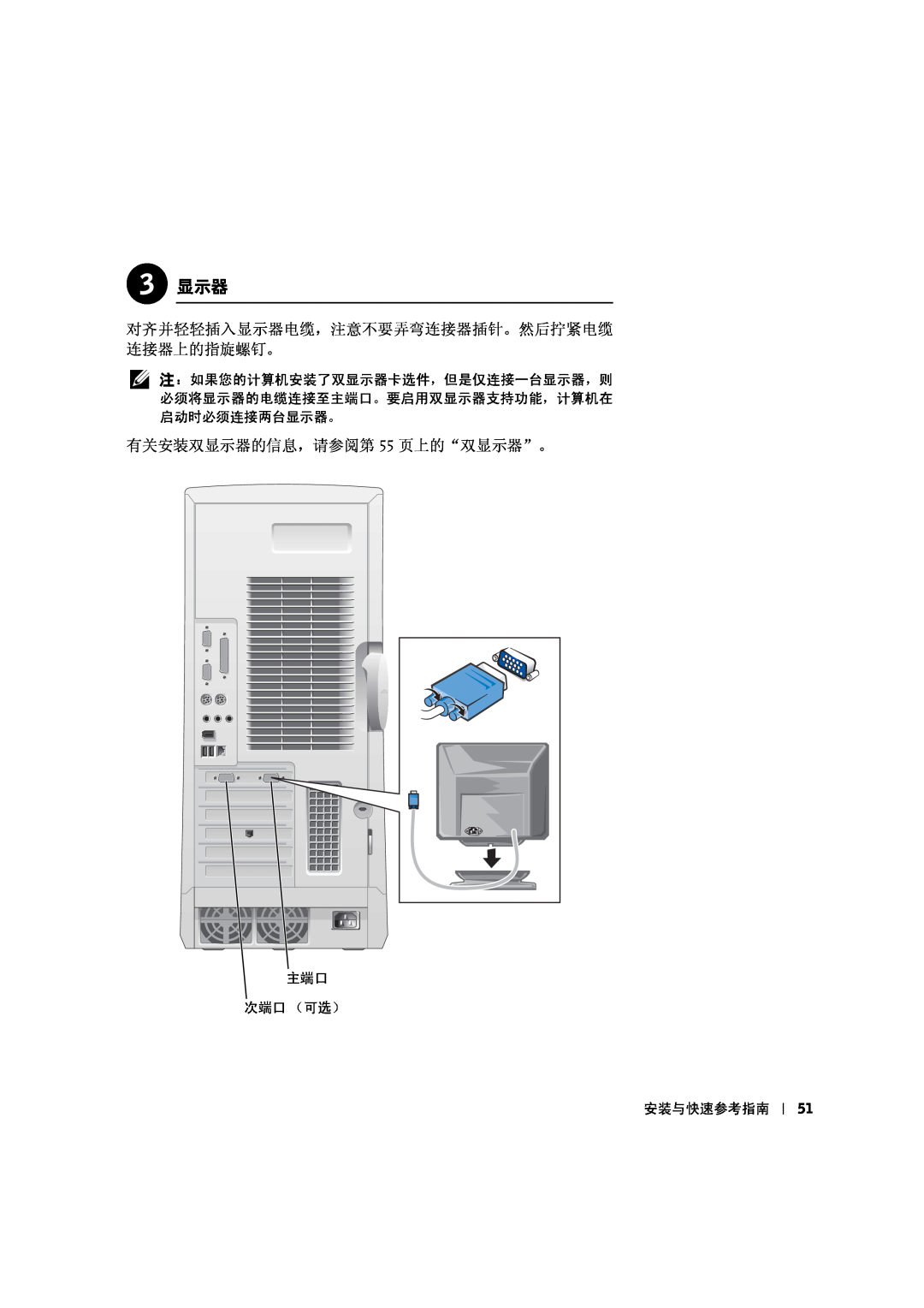 Dell 533CX manual 3 显示器, 对齐并轻轻插入显示器电缆，注意不要弄弯连接器插针。然后拧紧电缆 连接器上的指旋螺钉。, 有关安装双显示器的信息，请参阅第 55 页上的“双显示器”。 