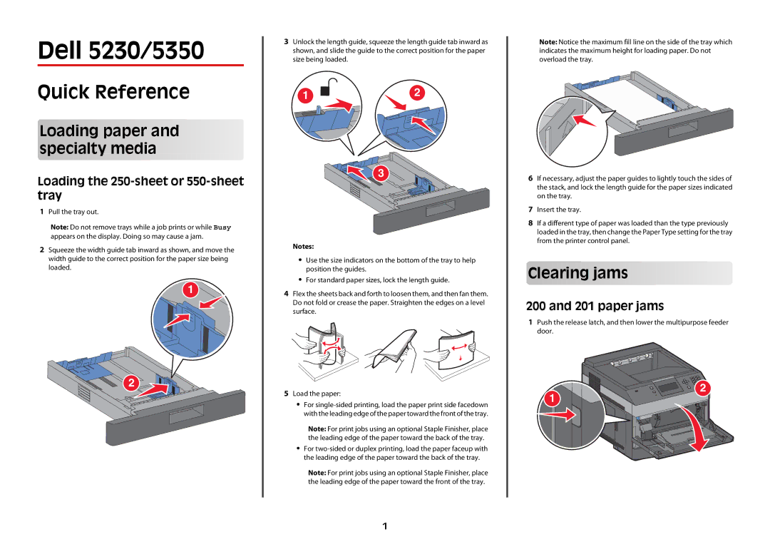 Dell 5350dn, 5230n, 5230dn manual Dell 5230/5350, Quick Reference, Loading paper and specialty media, Cle a ring jams 
