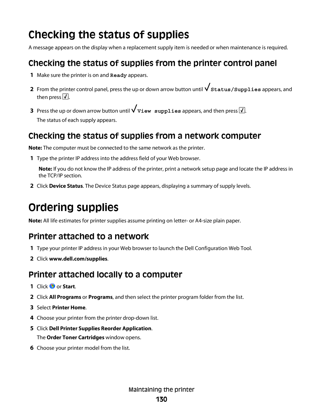 Dell 5350dn Ordering supplies, Checking the status of supplies from a network computer, Printer attached to a network 