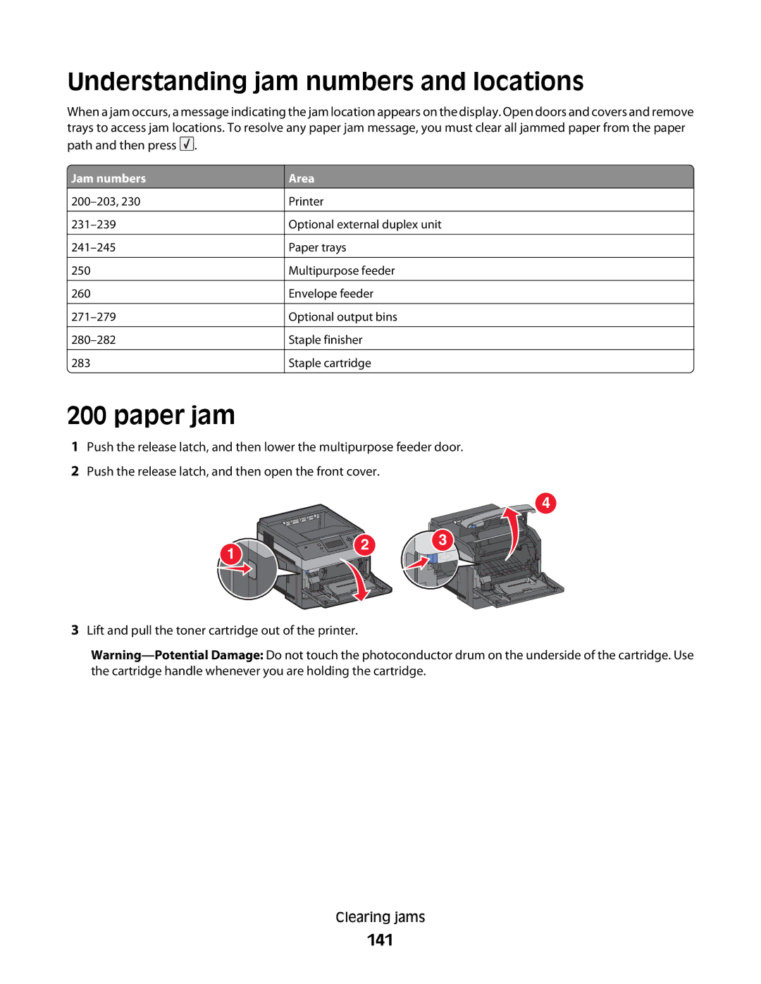 Dell 5230N/DN, 5350dn manual Understanding jam numbers and locations, Paper jam, 141 