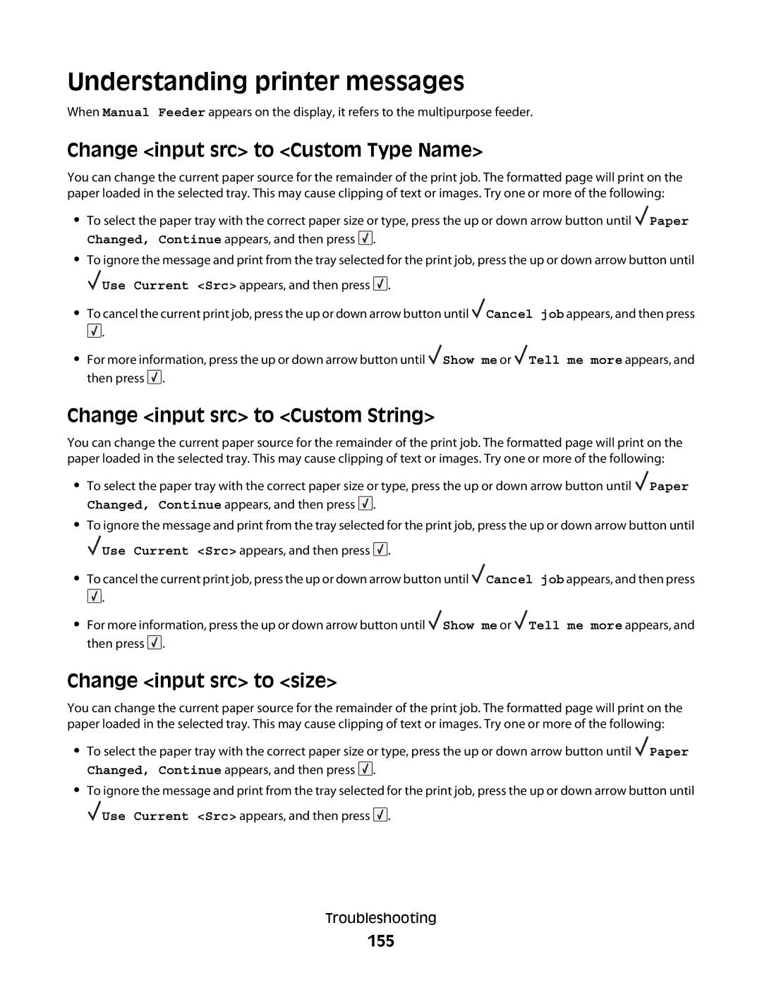 Dell 5230N/DN Understanding printer messages, Change input src to Custom Type Name, Change input src to Custom String, 155 