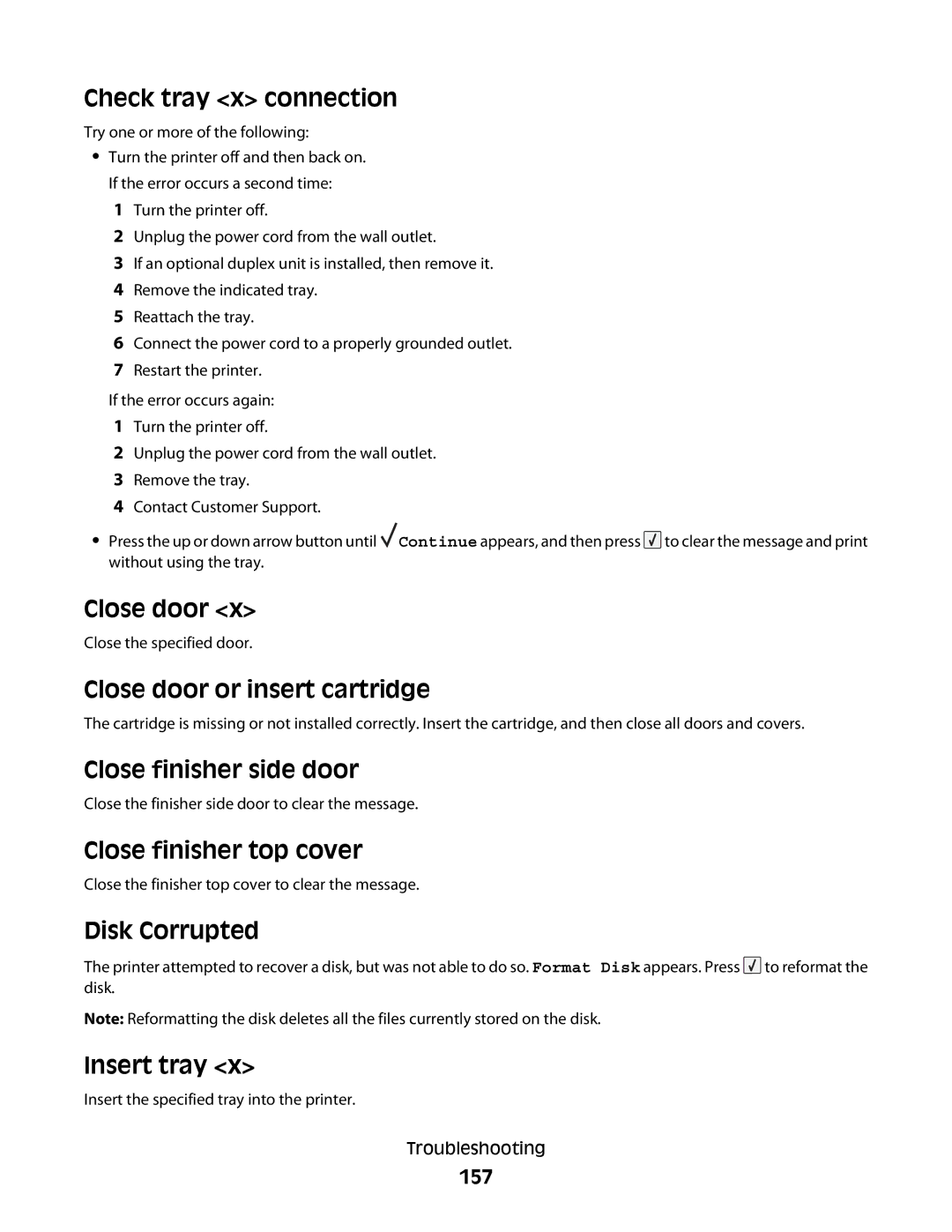 Dell 5230N/DN manual Check tray x connection, Close door or insert cartridge, Close finisher side door, Disk Corrupted 