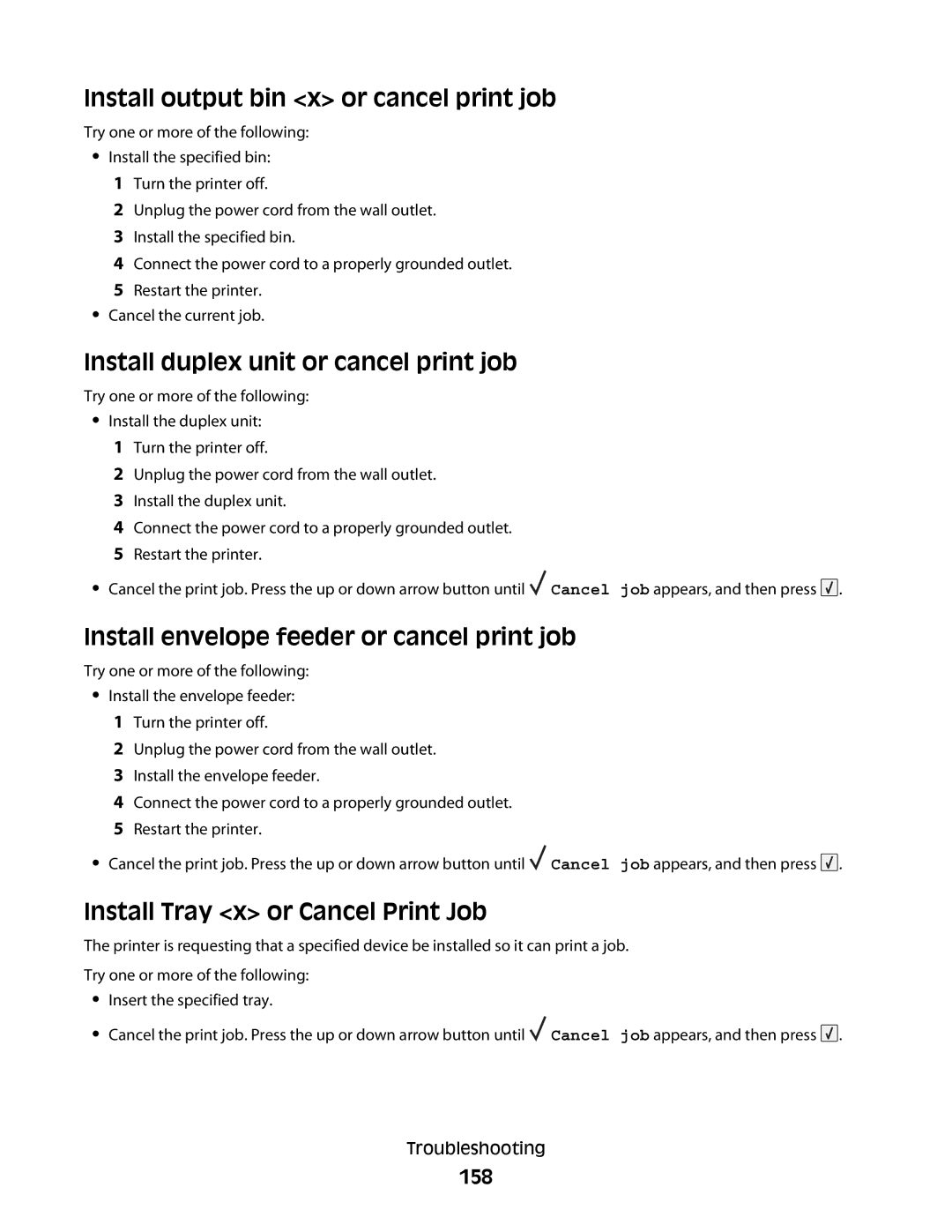 Dell 5350dn, 5230N/DN manual Install output bin x or cancel print job, Install duplex unit or cancel print job, 158 