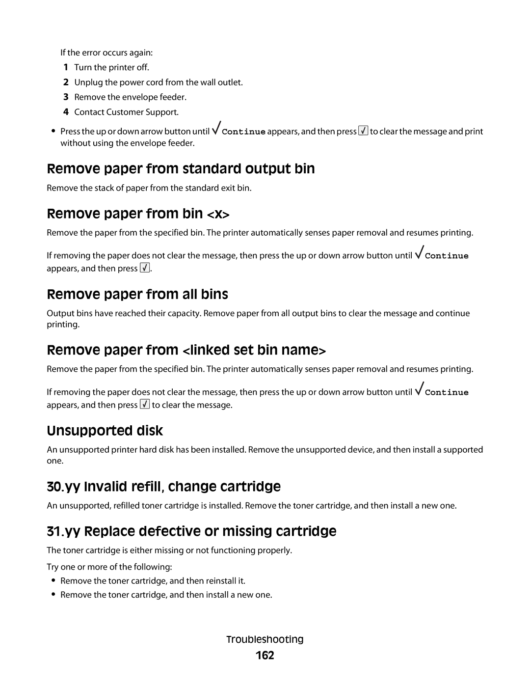 Dell 5350dn Remove paper from standard output bin, Remove paper from bin, Remove paper from all bins, Unsupported disk 