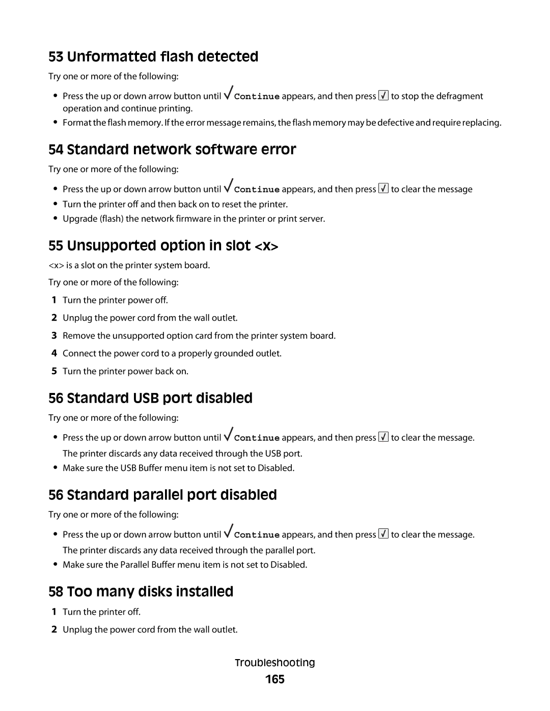 Dell 5230N/DN, 5350dn manual Unformatted flash detected, Standard network software error, Unsupported option in slot 