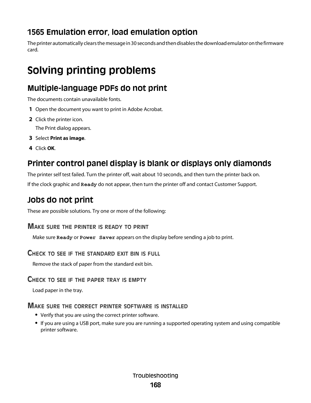 Dell 5350dn, 5230N/DN manual Solving printing problems, Emulation error, load emulation option, Jobs do not print, 168 