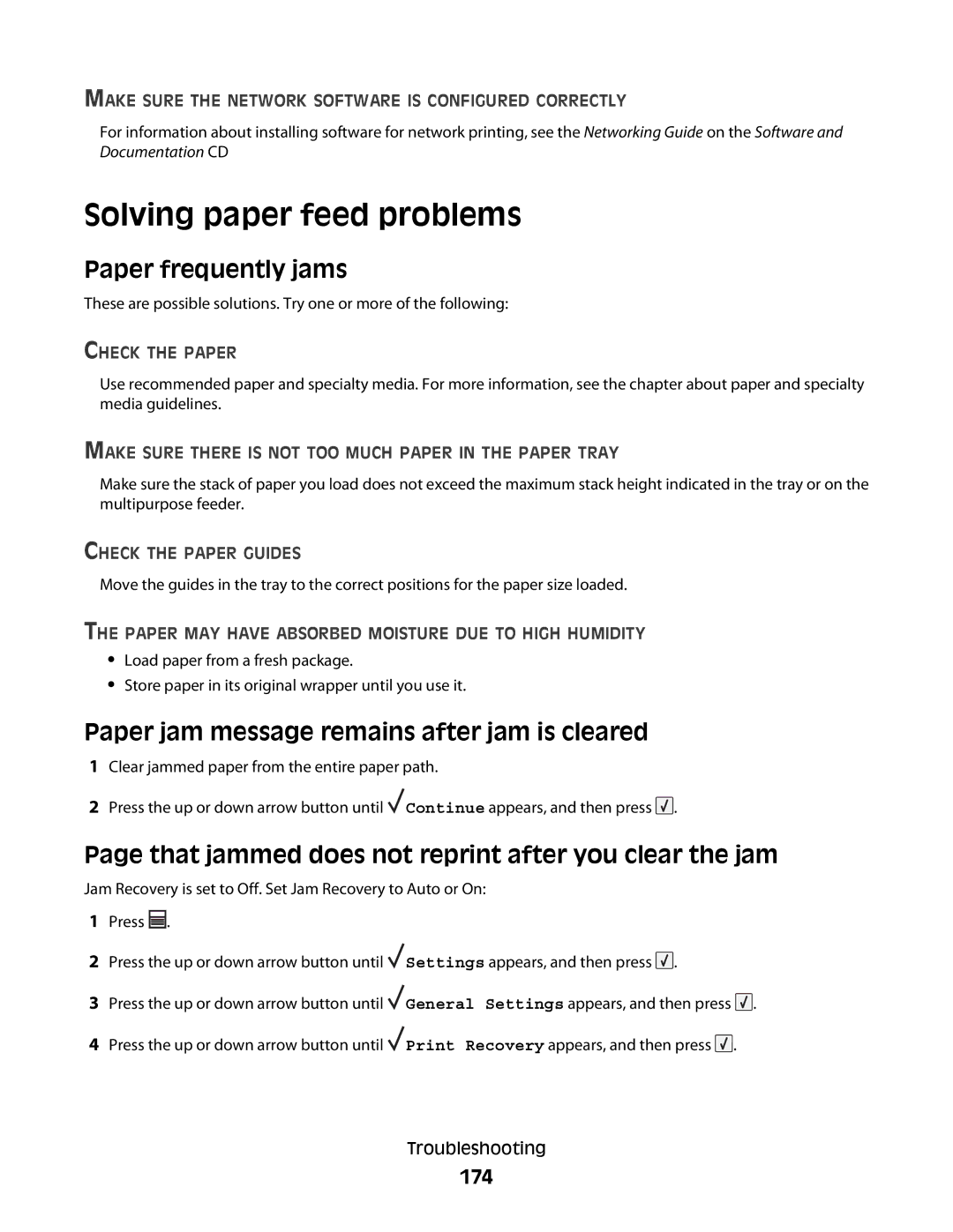 Dell 5350dn manual Solving paper feed problems, Paper frequently jams, Paper jam message remains after jam is cleared, 174 