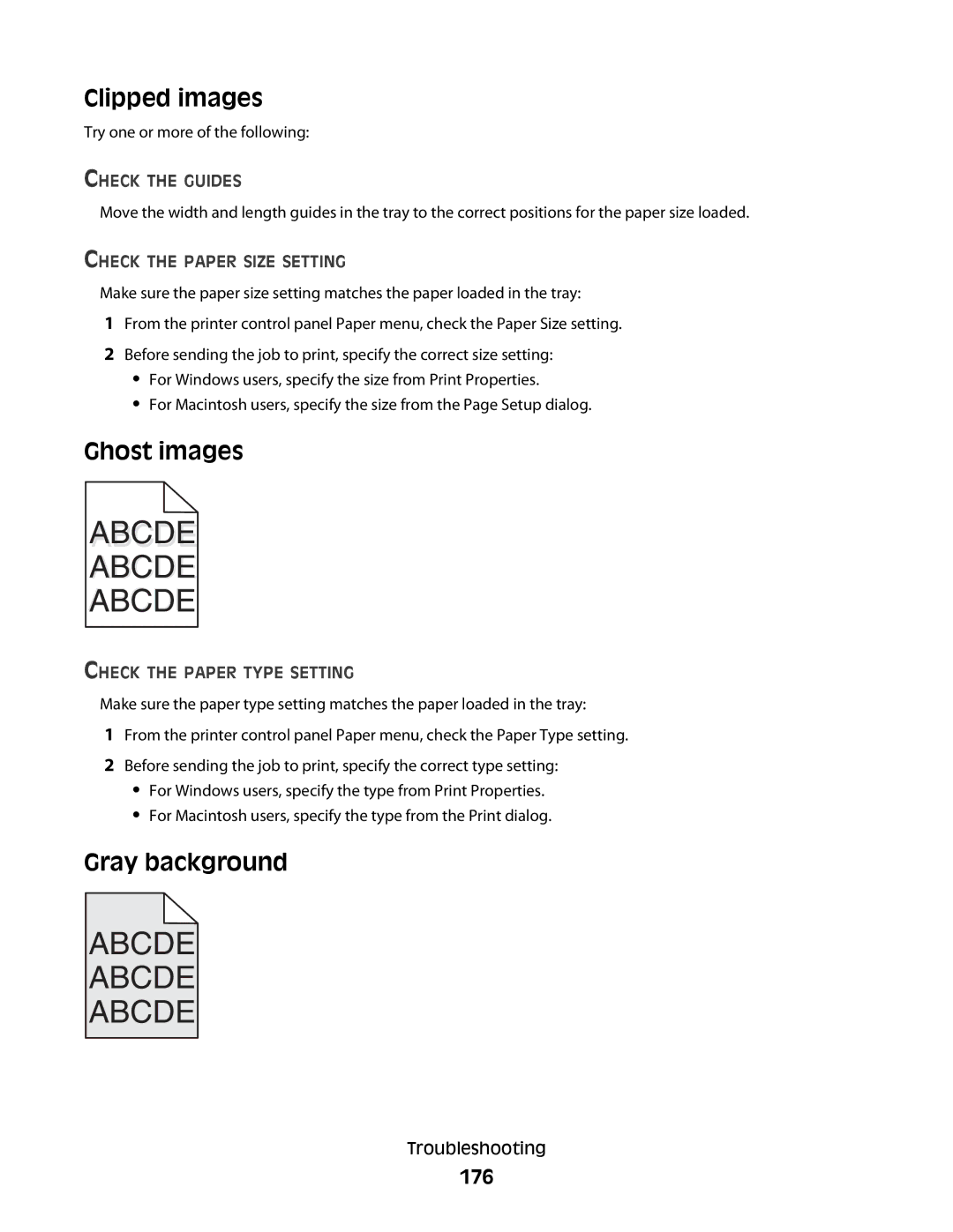 Dell 5350dn, 5230N/DN manual Clipped images, Ghost images, Gray background, 176 