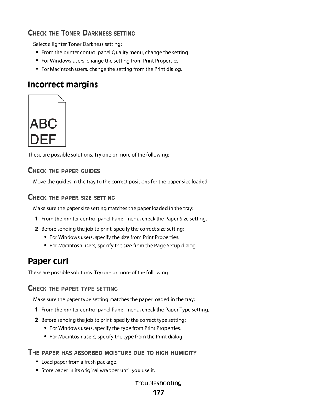 Dell 5230N/DN, 5350dn manual Incorrect margins, Paper curl, 177, Check the Toner Darkness Setting 