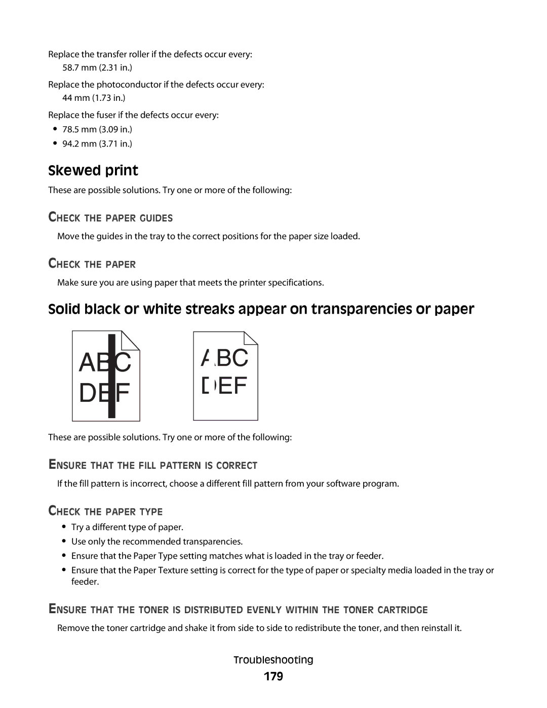 Dell 5230N/DN, 5350dn manual Skewed print, 179, Ensure That the Fill Pattern is Correct, Check the Paper Type 