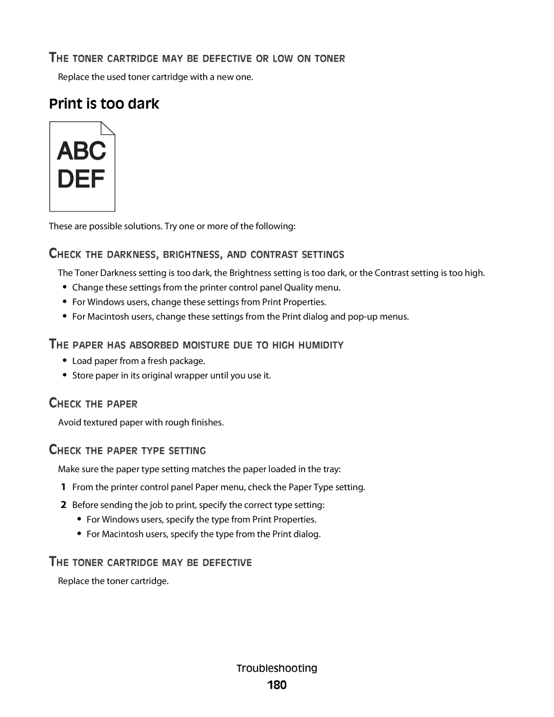 Dell 5350dn, 5230N/DN manual Print is too dark, 180, Toner Cartridge MAY be Defective or LOW on Toner 