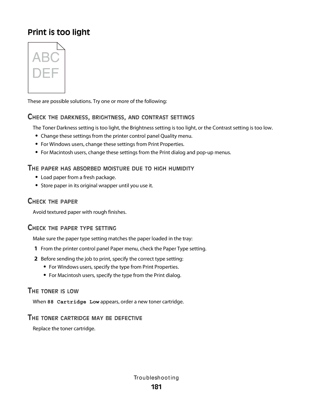 Dell 5230N/DN, 5350dn manual Print is too light, 181, Toner is LOW 