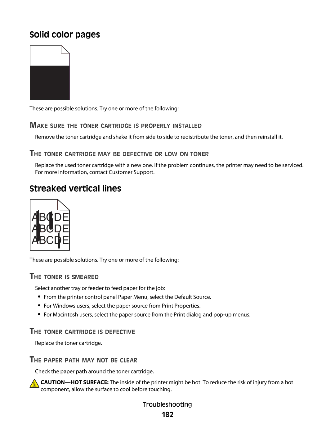 Dell 5350dn, 5230N/DN manual Solid color pages, Streaked vertical lines, 182 