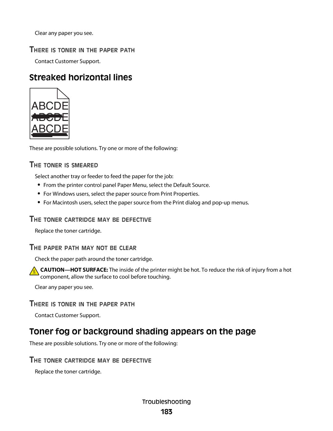 Dell 5230N/DN Streaked horizontal lines, Toner fog or background shading appears on, 183, There is Toner in the Paper Path 