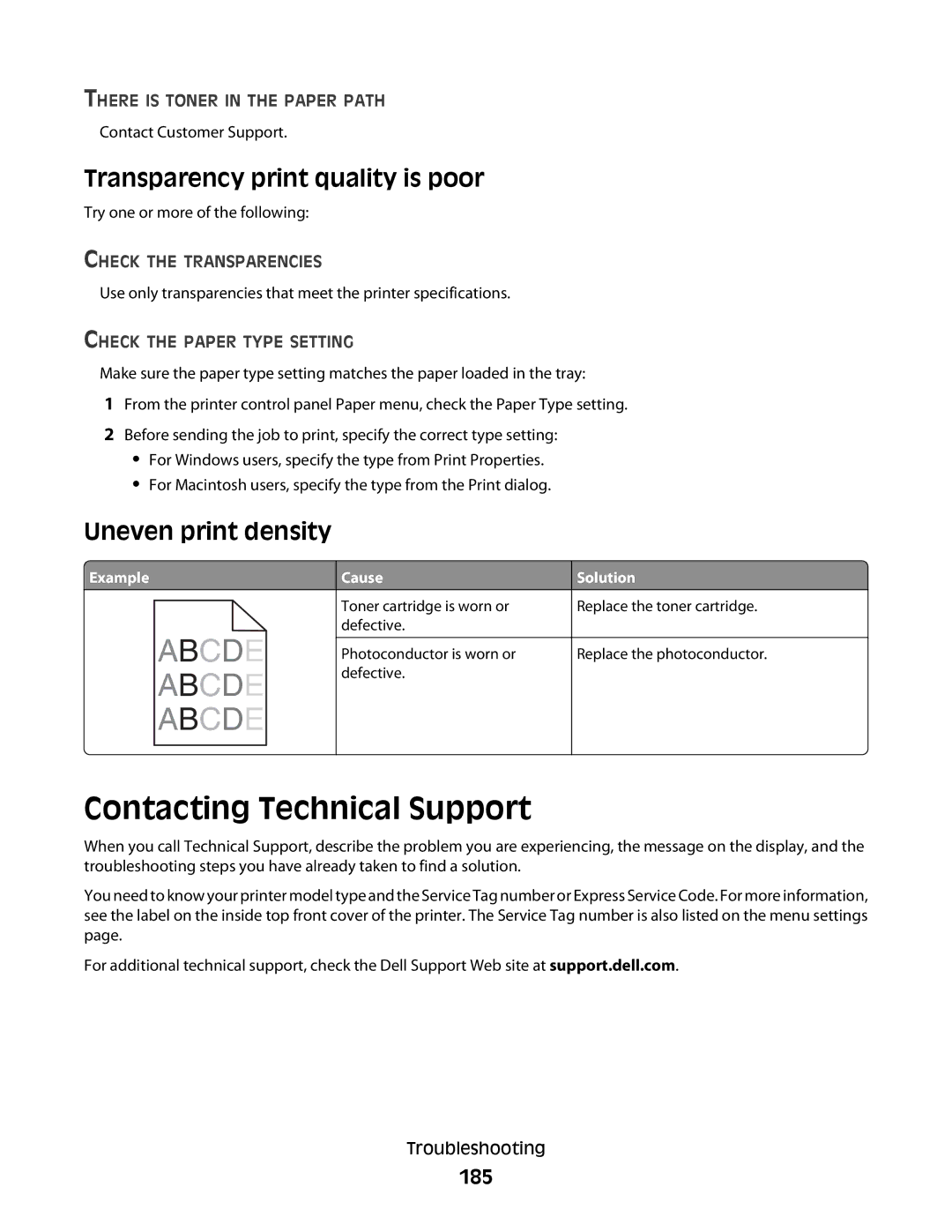 Dell 5230N/DN, 5350dn manual Contacting Technical Support, Transparency print quality is poor, Uneven print density, 185 