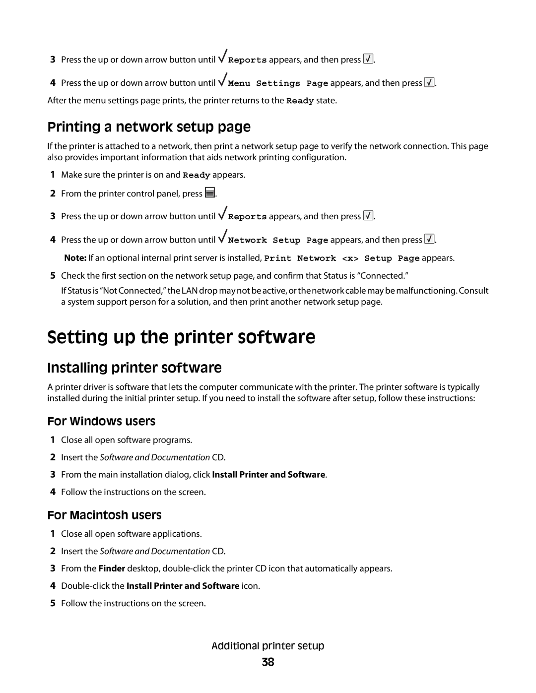 Dell 5350dn Setting up the printer software, Printing a network setup, Installing printer software, For Windows users 