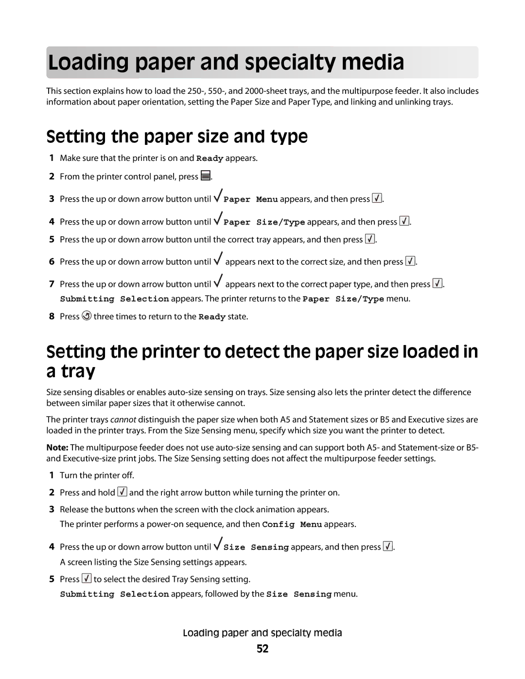 Dell 5350dn, 5230N/DN manual Load in g pape r a nd s p ecialty media, Setting the paper size and type 