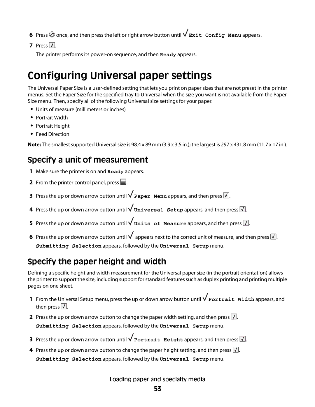 Dell 5230N/DN Configuring Universal paper settings, Specify a unit of measurement, Specify the paper height and width 