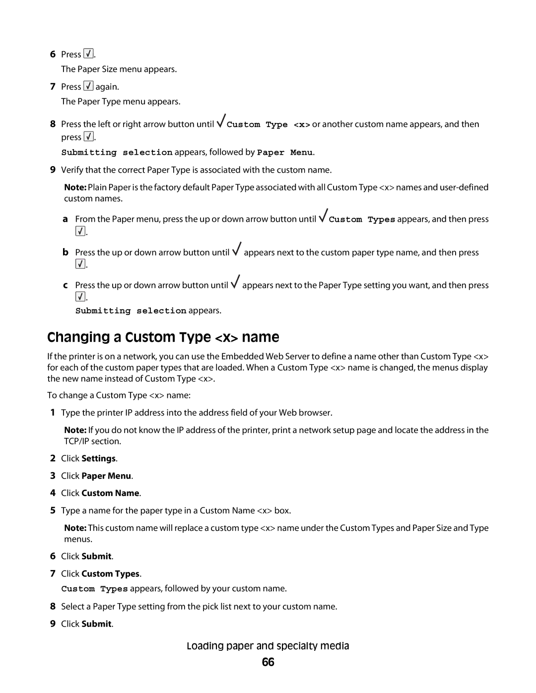 Dell 5350dn, 5230N/DN manual Changing a Custom Type x name, Submitting selection appears, followed by Paper Menu 