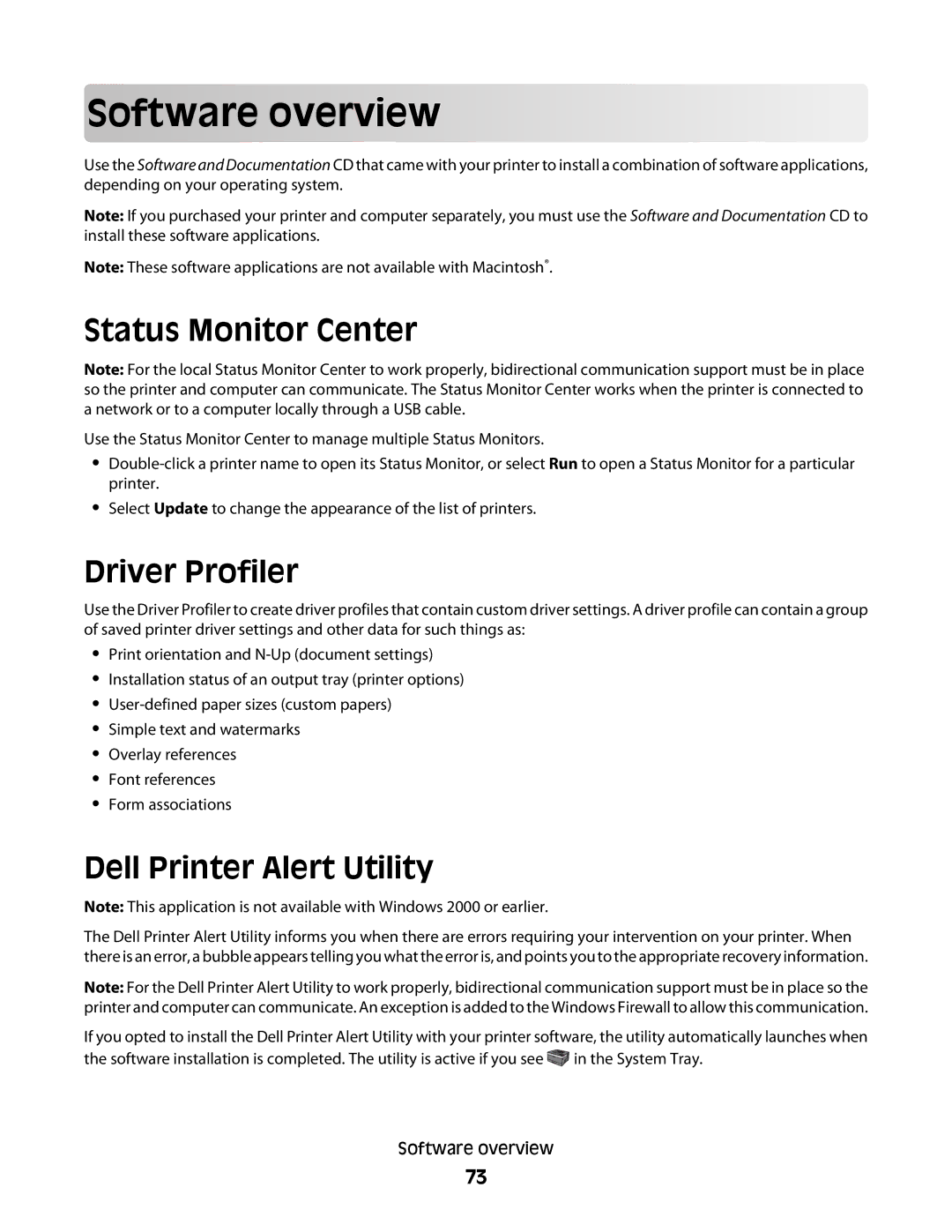 Dell 5230N/DN, 5350dn manual Software ove rvie w, Status Monitor Center, Driver Profiler, Dell Printer Alert Utility 