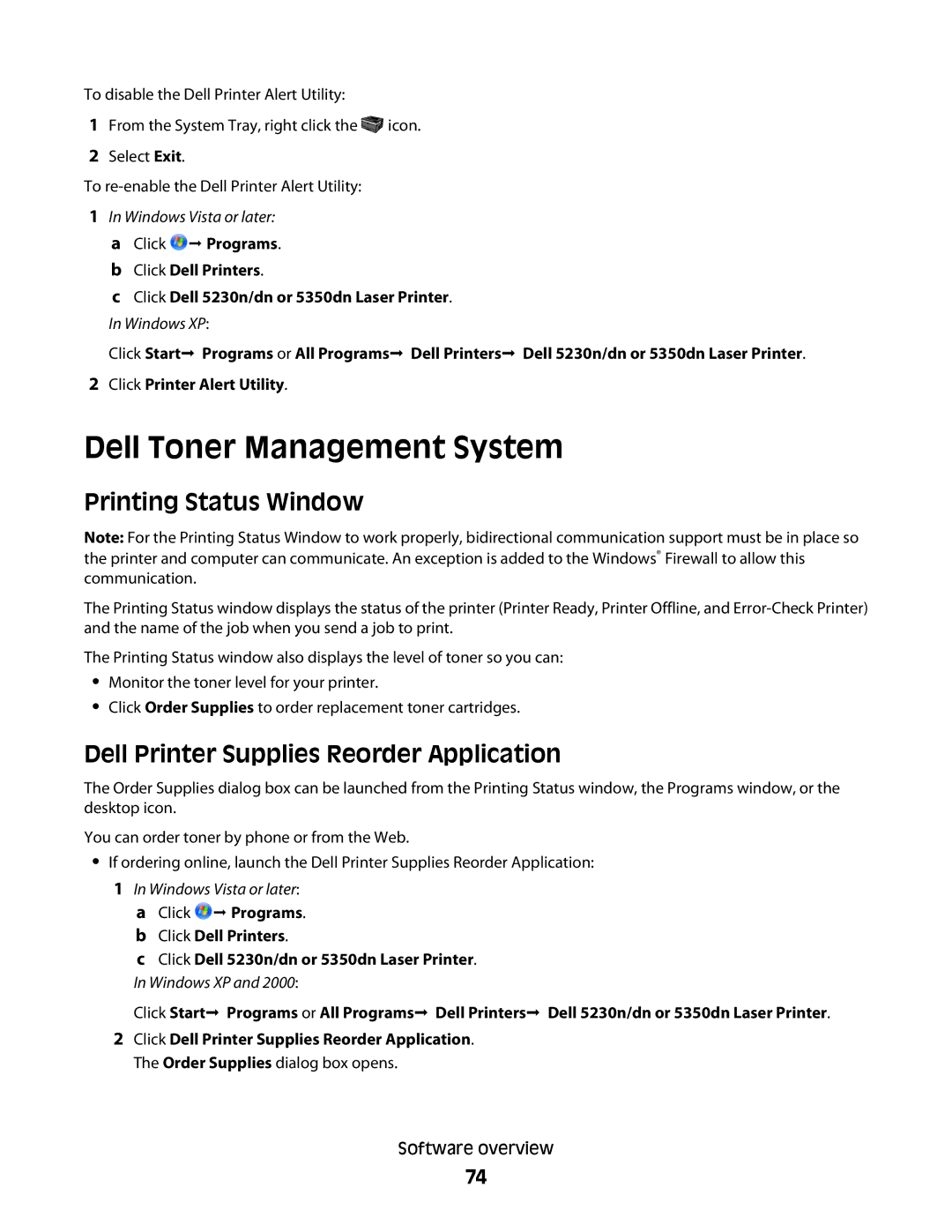 Dell 5350dn, 5230N/DN manual Dell Toner Management System, Printing Status Window, Dell Printer Supplies Reorder Application 