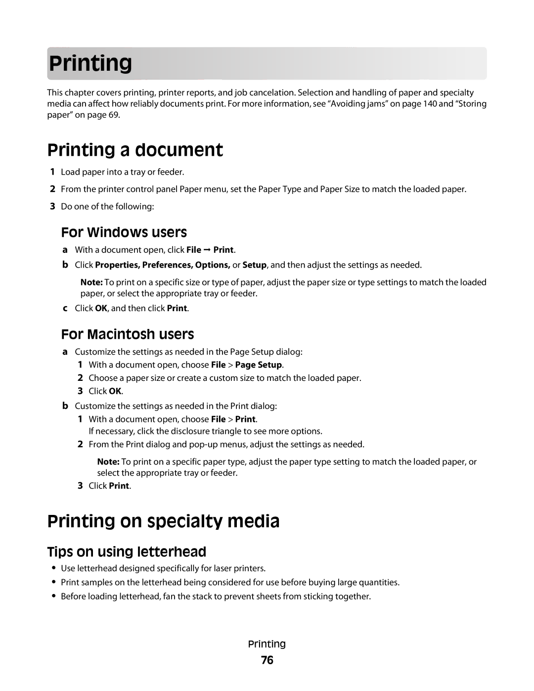 Dell 5350dn, 5230N/DN manual Prin ting, Printing a document, Printing on specialty media, Tips on using letterhead 