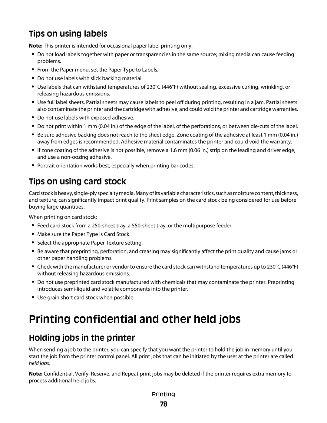 Dell 5350dn, 5230N/DN manual Printing confidential and other held jobs, Tips on using labels, Tips on using card stock 