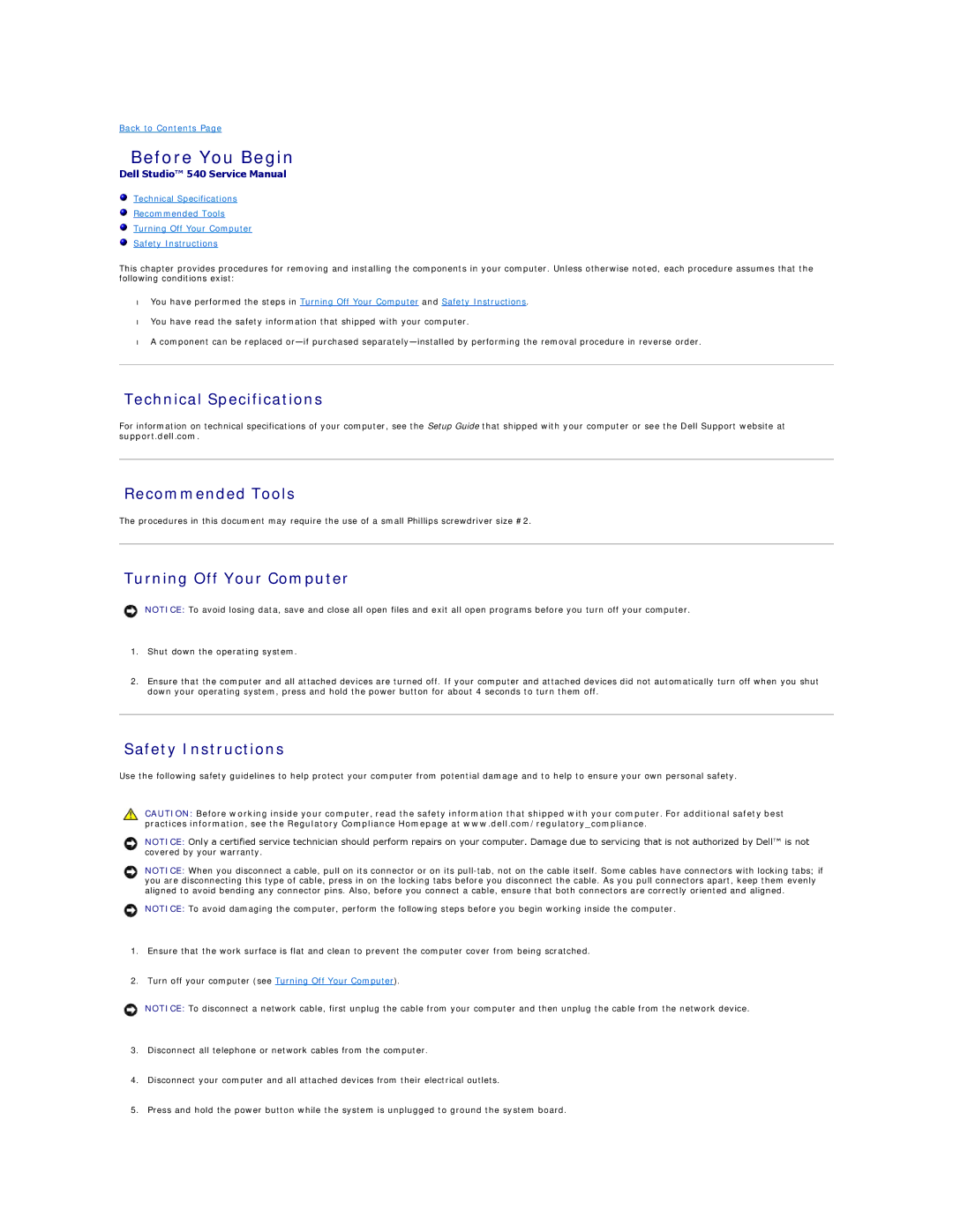 Dell 540 Before You Begin, Technical Specifications, Recommended Tools, Turning Off Your Computer, Safety Instructions 