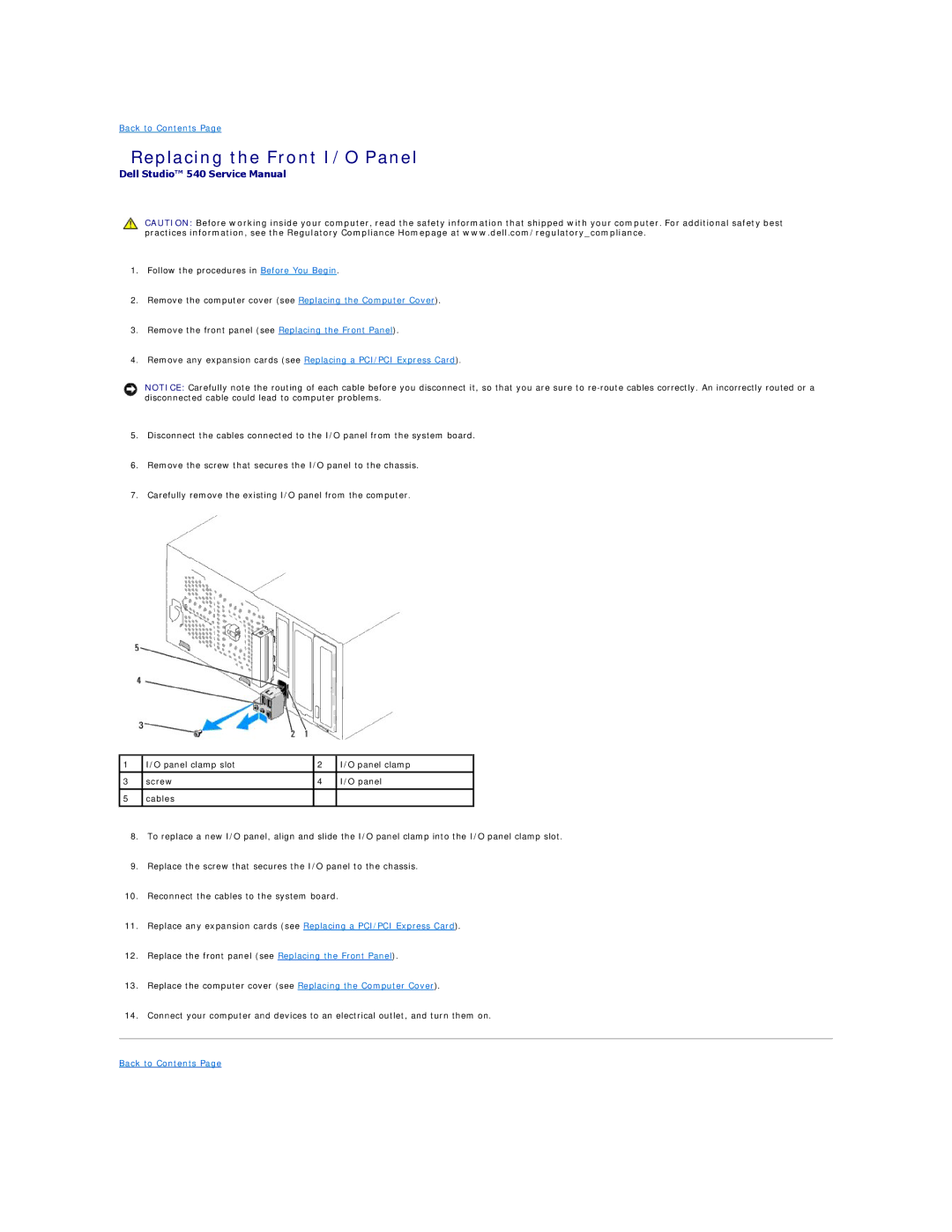 Dell 540 manual Replacing the Front I/O Panel 
