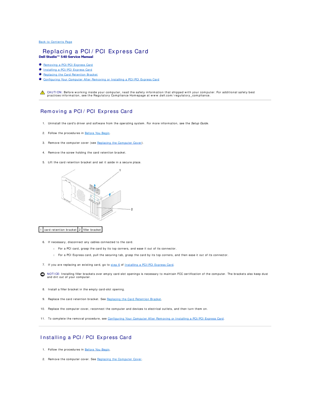 Dell 540 manual Replacing a PCI/PCI Express Card, Removing a PCI/PCI Express Card, Installing a PCI/PCI Express Card 