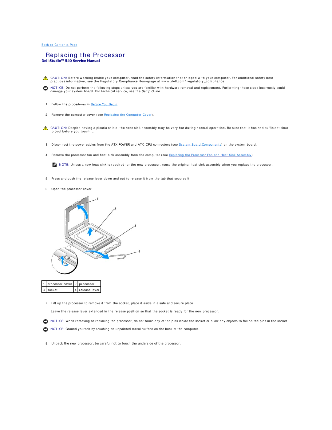 Dell 540 manual Replacing the Processor 