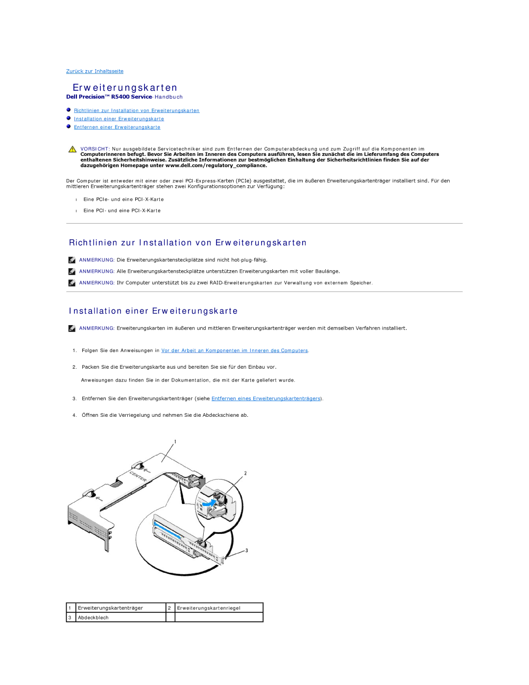 Dell 5400 manual Richtlinien zur Installation von Erweiterungskarten, Installation einer Erweiterungskarte 