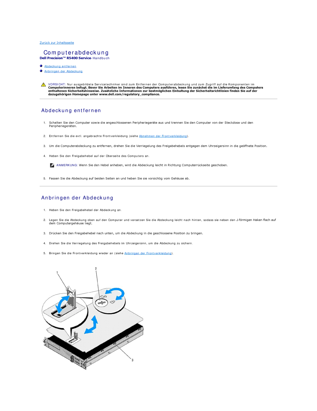 Dell 5400 manual Computerabdeckung, Abdeckung entfernen, Anbringen der Abdeckung 