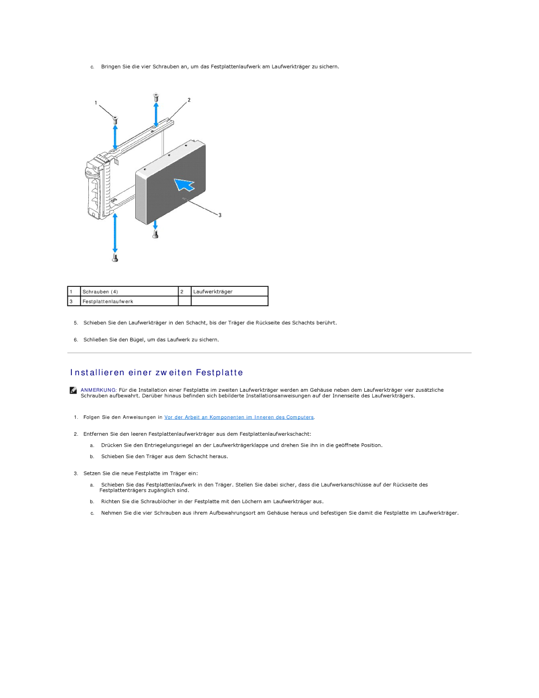 Dell 5400 manual Installieren einer zweiten Festplatte 