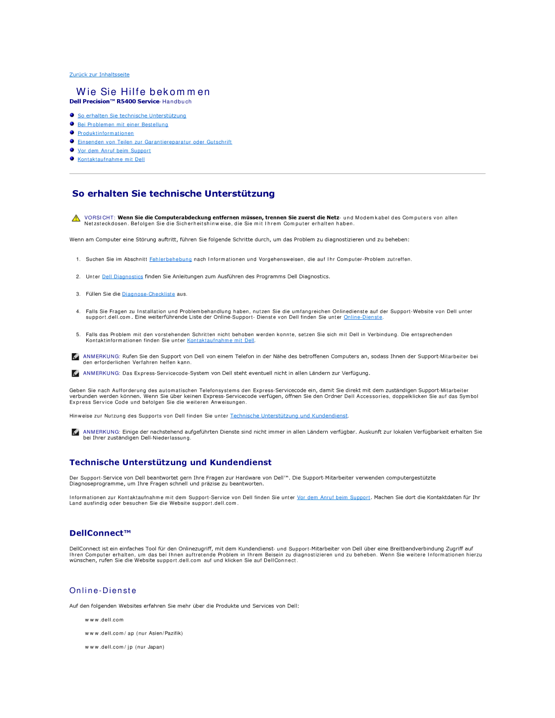 Dell 5400 Wie Sie Hilfe bekommen, So erhalten Sie technische Unterstützung, Technische Unterstützung und Kundendienst 
