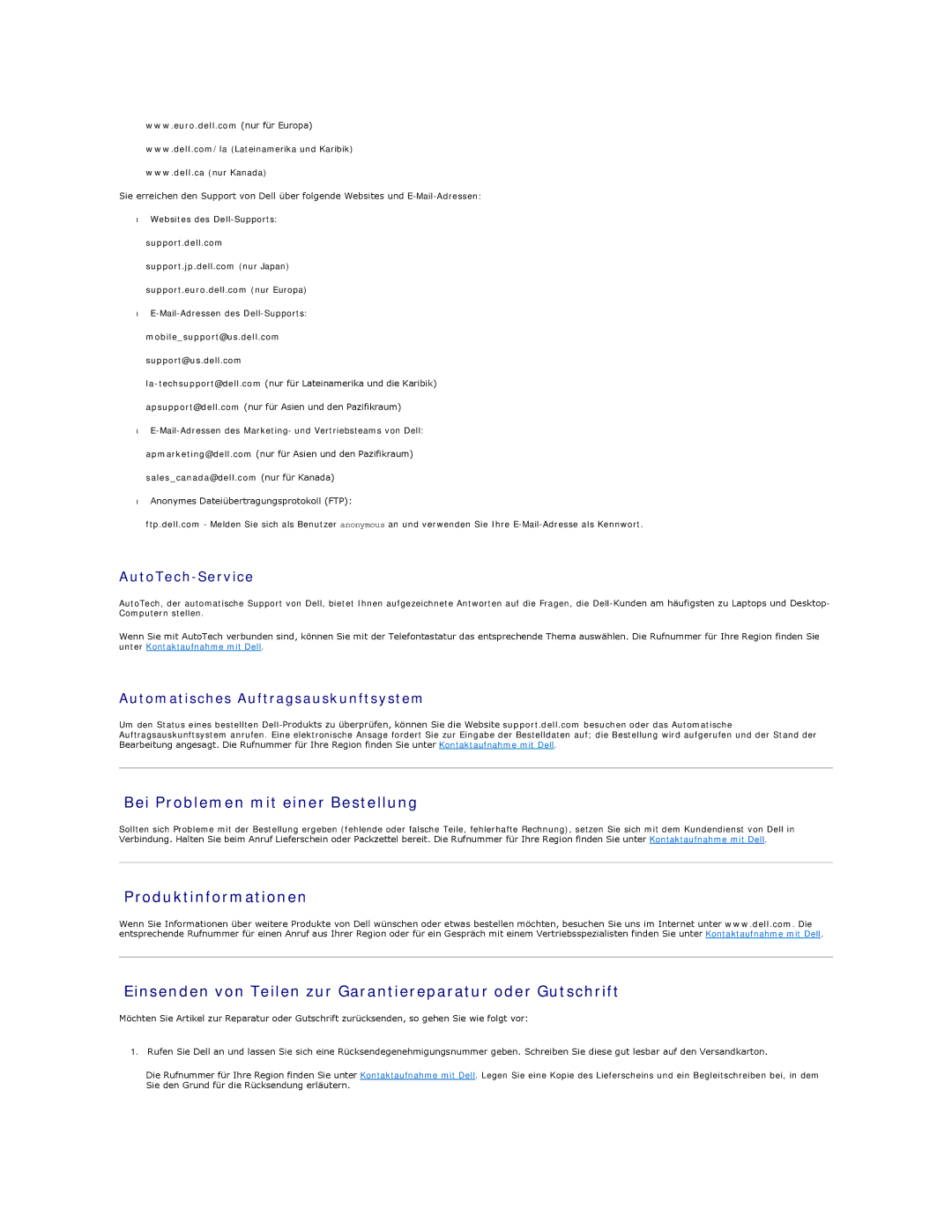 Dell 5400 Bei Problemen mit einer Bestellung, AutoTech-Service, Automatisches Auftragsauskunftsystem, Support.dell.com 